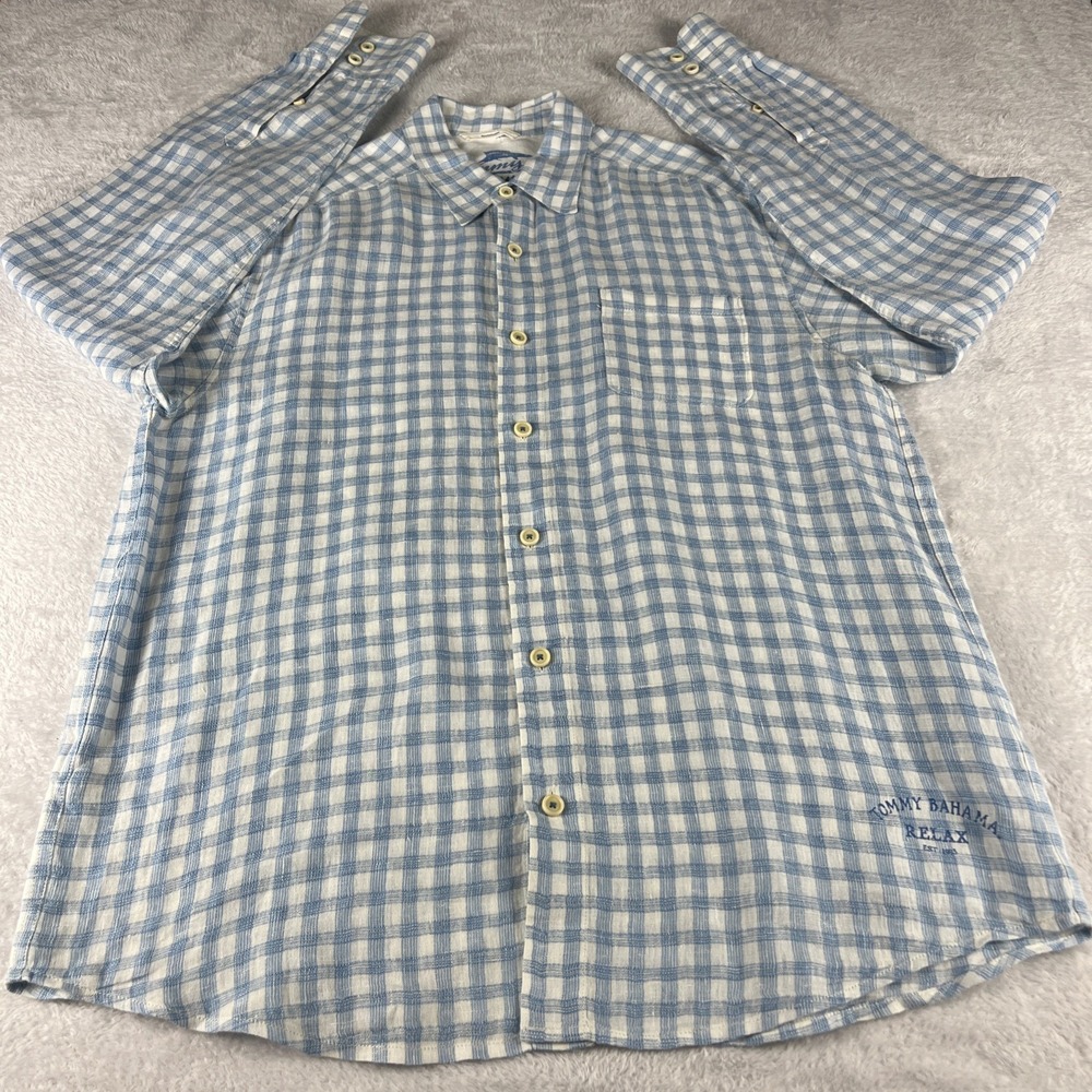 Tommy Bahama Relax Shirt Men's Large Blue Plaid 100% Linen Button Up Casual
